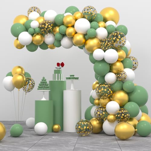 Juego de 122 guirnaldas de globos de color verde salvia y oro blanco metálico para bodas, baby shower, safari en la selva, decoración salvaje de primer cumpleaños