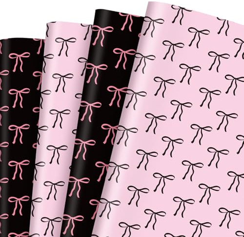 FYSUIMU 8 hojas de papel de regalo con lazo rosa y negro, no enrollado, papel de regalo de coqueta con lazo, plegado plano para manualidades, cumpleaños, baby shower, despedida de soltera, 19.7 x 27.6