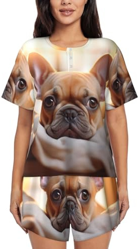 Conjunto de pijama de manga corta con cuello redondo para mujer, diseño de bulldog francés, 2 piezas, camiseta y pantalones cortos, NEGRO, XXL