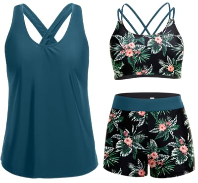Holipick Green and Flower 3 Piece Tankini Swimsuits for Women Tummy Control Bathing Suits Swim Tank Top with Bra Boy Shorts Teen Swimwear XXL