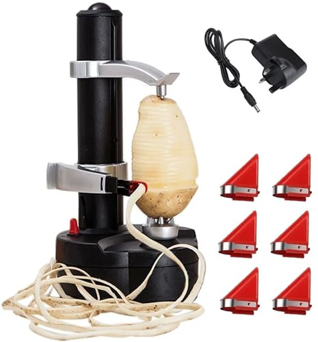 Pelador de patatas eléctrico automático, pelador de manzanas giratorio y cortador de frutas y verduras con 6 cuchillas reemplazables, alimentado por 4 pilas AA (no incluidas) o cargador adaptador de 6