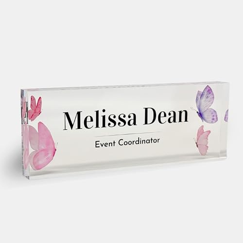 Customized Clear Acrylic Thick 8x3 Desk Name Plate Block - Professional Office Decor - Customized Acrylic Plate Gift for Teacher Co-workers Valentines Day (Butterfly)