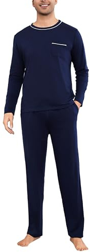 Litherday Pijama Hombre Invierno Algodón Conjunto de Pijama Hombre Manga Larga Camiseta con Bolsillos y Largo Pantalones de Pijama