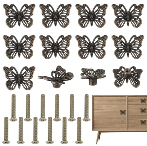 AHANDMAKER 12 pomos vintage de mariposa para armario, bronce antiguo, tiradores decorativos para cajones, armarios, diseño de animales retro, herrajes para muebles con tornillos