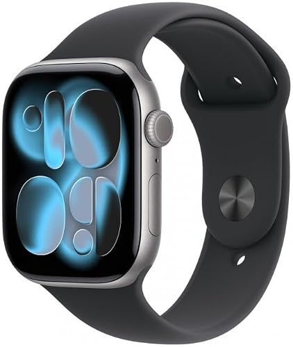 Apple Watch Series 11 GPS + Cellular 42 mm smartklocka med aluminiumboett rymdgrått med svart sportband S/M Sömnpoäng, fitnessmätare, hälsoövervakning, display för alltid på, vattentålig