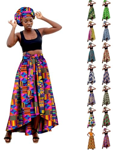 Falda Larga de Cintura Alta para Mujer con pañuelo a Juego, Estampado Ankara Africano, Conjunto étnico Veraniego, Elegante y cómodo, Ideal para Verano, Vacaciones o Looks Boho Chic (Rosa Caliente, L)