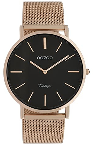 Oozoo Vintage Damenuhr mit massivem grobmaschigem Edelstahl Milanaise Metallband 40 MM Rosefarben/Schwarz C9925