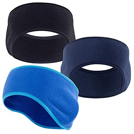 JEEZAO 3pcs Unisex Fleece Headband,Ear Warmer,Windproof Cold-Proof and High Stretchy for Workout Running Cycling (Black + Royal Blue + Color Blue)