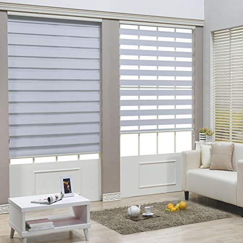 HTTMT- Zebra Roller Blinds [(W) 71“ x (H) 72”] White, Cordless, Dual Layer Shades, Sheer or Privacy Light Control, Day and Night Window Drapes, Easy to Install, Striped Dove [P/N: ET-ZB-W-71]