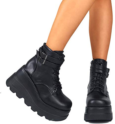 CTEJ Stivaletti Donna Zeppa Alta Caviglia Stivali Plateau Tacco Alto con Stringate Cerniera Laterale Pizzo Fibbia Taglia 35-43,01,37
