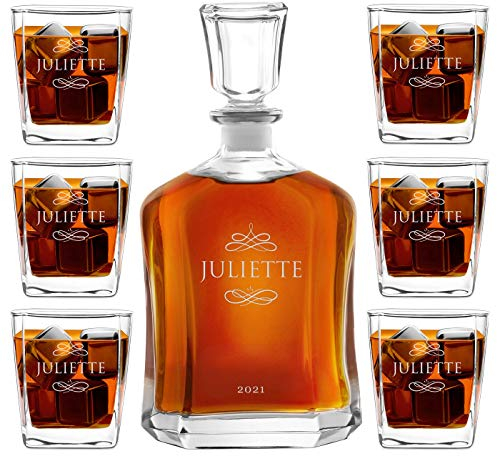 Maverton Ensemble de Carafes Personnalisés a Whisky Rhum Cognac Avec 6 Verres a Whisky Gravés - 700 ml Service Universel Verre Whisky et Carafe - Monogramme