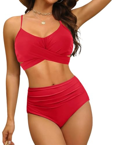 JFAN Costumi da Bagno Donna A Vita Alta Multicolori Due Pezzi Push Up Sexy Imbottito Reggiseno Bikini Cross Sportivo Classico Swimsuit Rosso,S