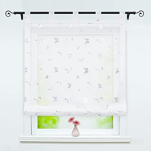 Delien Raffrollo mit Schlaufen Transparente Raffgardine Kurz Vorhang Schlaufenrollo Modern Schals »Schmetterling« Küche Store Fenster Wohnzimmer Gardine 1 St. BxH 80x150cm,Silber