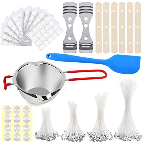 Kerzenherstellung Kit, Schmelztopf Gießtopf und 200 Kerzendocht 9, 12, 15, 20 cm, 200 Dochtaufkleber, 2 Metall + 6 Holz Mittelgerät, 1 Silikonspatel, 12 Warnaufkleber, DIY Kerzen Selber Machen Set