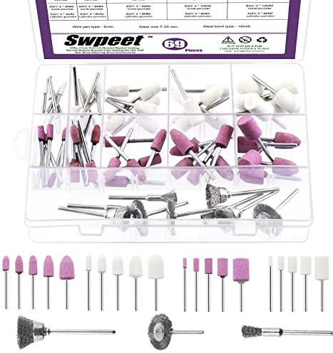 Swpeet 69 st 1/8 tum Shank slipstensset, 2 formade och 5 storlekar av ladugårdsborr för roterande verktyg klaffhjul och ull filt monterad dorn set, 3 typer av kolstål tråd hjulborrar