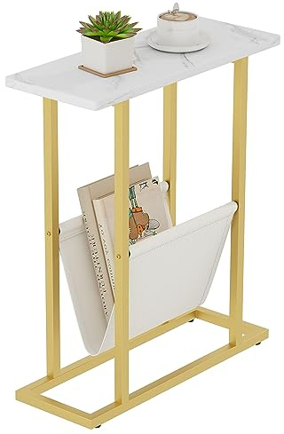 Yusong Small Narrow Side Table for Small Spaces, Slim End Table Magazine Table Nightstand with Storage Holder, Accent Skinny Snack Couch Bedside Table (Gold)