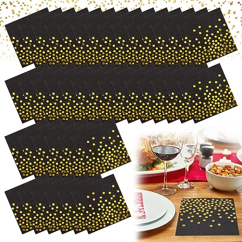 Servietten Gold Dots Golden Foiled Papierservietten Paper Napkins 40 Stück Schwarzer Serviette mit Goldenen Punkten für Geburtstag Hochzeit Party Feiertagsfeier