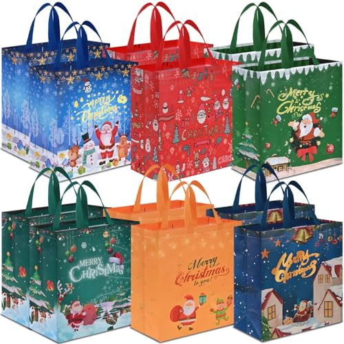 AhfuLife 12 Stück Geschenktüten Weihnachten Groß, 38 * 35 * 15CM, Non Woven Weihnachtstaschen Weihnachtstüten mit Griffen, Wiederverwendbare Weihnachtsgeschenktüten, Weihnachts Geschenktüten
