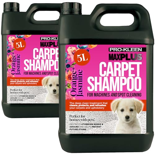 Pro-Kleen MAXPLUS Carpet Shampoo Cleaner – Removes Dirt, Stains & Marks – Eliminates Pet Deposits & Odours – Suitable for all Machines (Orange & Jasmine, 2 x 5 Litres)