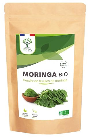 Moringa Bio - Bioptimal - En Poudre - 100% Feuille de Moringa Oleifera - Antioxydant Immunité Anti-Fatigue Cheveux - Vitamine A C E - Origine Kenya - Conditionné en France - Certifié Ecocert - 1kg