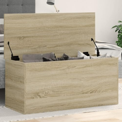 Homgoday Contenitore Rovere Sonoma 100x42x46 cm Legno Multistrato, Mobili Cassapanche e Bauli per Esterni, Contenitore da Giardino, Porta Attrezzi da Giardino, Pouf da Esterno