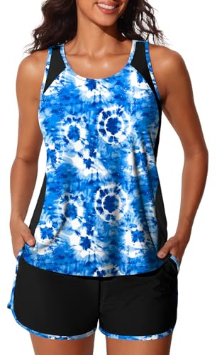 Summer Mae Blouson Tankini Swimsuits for Women 2026 Tummy Control Two Piece Bathing Suits with Sporty Pockets Swim Shorts Blue Tie-Dye Size 12