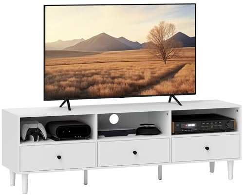 HOMCOM TV Schrank TV Board mit Schubladen, 3 offenen Fächern 140 cm lang TV Lowboard mit Kabelmanagement für Fernseher bis zu 75 Zoll Fernsehtisch für Wohnzimmer Weiß 140x34x45cm