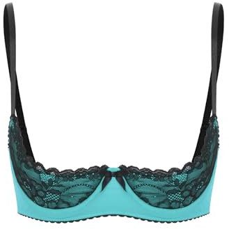 TSSOE Women's Underwire Push Up Shelf Bra 1/2 Cup Demi Balconette Sheer Unlined Bralette Top Turquoise 3XL