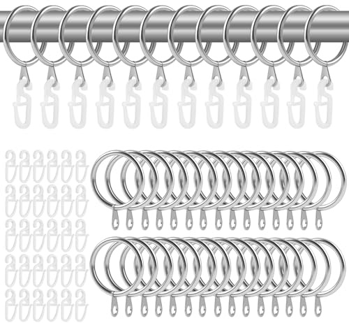50 Piezas Anillos de Cortina de Metal, Anillos de Metal para Cortinas, 30 mm de Diámetro Interno, con 50 Ganchos de Plástico para Cortinas, para Colgar Cortina de Ducha de Puerta de Ventana (Plata)