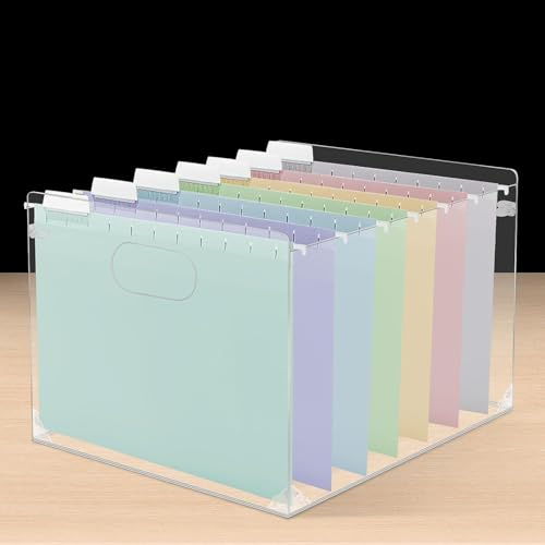 Acrylic File Organizer 36 x31 x 26 cm A4 Size Hanging File Box with Handles Portable Desktop Storage for Office, Home, School (Clear)