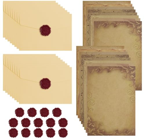 AOOSU 48 Pcs Vintage Writing Paper and Envelopes, Letter Writing Set with 16 Vintage Envelopes,16 B6 Letter Paper, 16 Wax Seal Stickers for Birthday Wedding Invitation Birthdays Greeting Cards