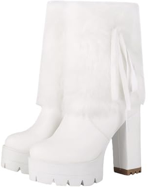 Stivali Alla Moda Con Tacco Alto Per Donna, Stivali in Similpelle Fodera Calda Gambale Pelliccia Cerniera Laterale Eleganti Stivali Cavaliere Con Punta Tonda Per Autunno E Inverno,Bianca,36 EU