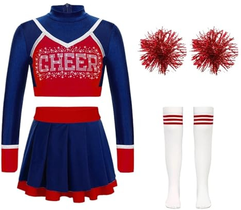 Cheerleading, uniform Cheerleading, dansdräkt, magtröja, veckad kjol, blomma, bollar, strumpor för jublande, team danskläder set för Cheerleading, klänning