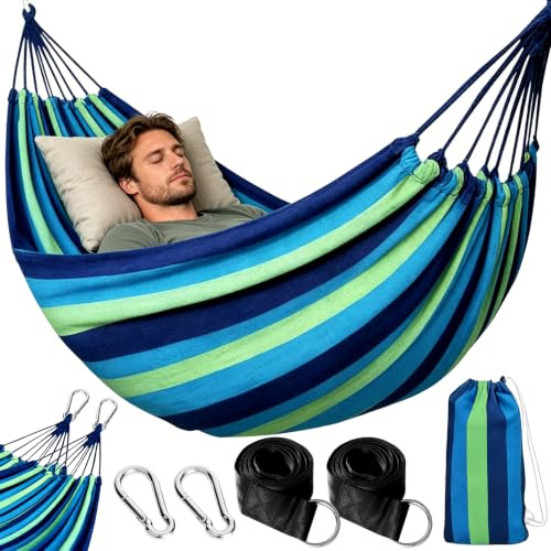 NXPZ Utomhus Camping Hängmatta, Dubbel Hängmatta 200x150cm, Bärkraft 250kg, med Oprymningspåse, Nylonband & Karbiner, för Camping, Trädgård, Strand, Inomhus, Balkong, Resor