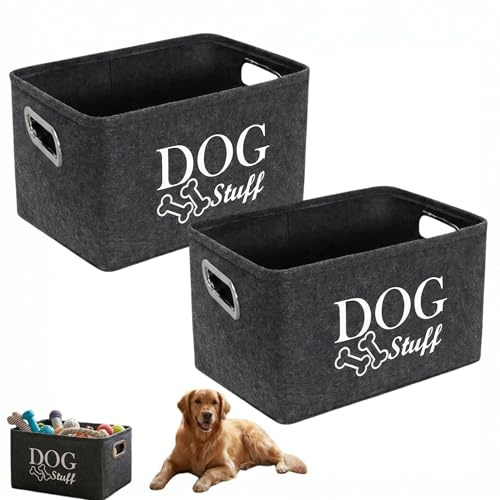 SMYJDMM Dog Toy Box, 2Pcs Dog Toy Storage 38 x 27 x 25cm(Grey) | Puppy Toy Box Storage Basket with Sturdy Handles for Dogs Clothes Leashs Bowls Bath Towel Hair Combing Tool