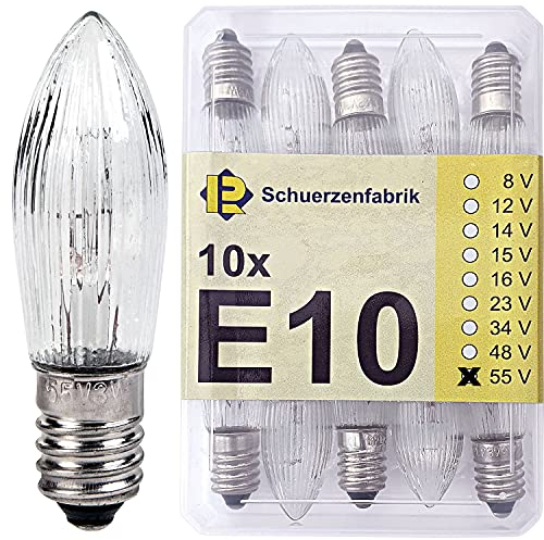 Schuerzenfabrik 10x Ampoules de rechange E10 55V 3W pour guirlande lumineuse, guirlandes de Noël, arche lumineuse,chandelier de Noël