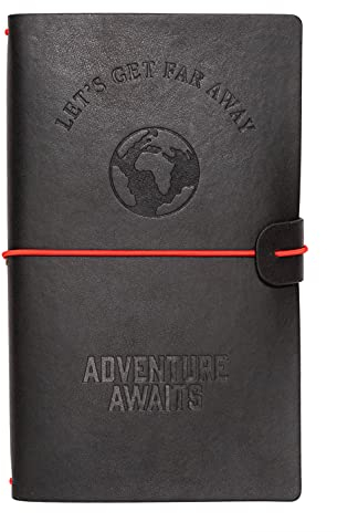 Grupo Erik Reisetagebuch zum Selberschreiben Wanderlust | Dotted Notebook 12x19,6 cm, Einband aus synthetischem Leder und Gummiband zum sicheren Verschließen, Schwarz / Grau