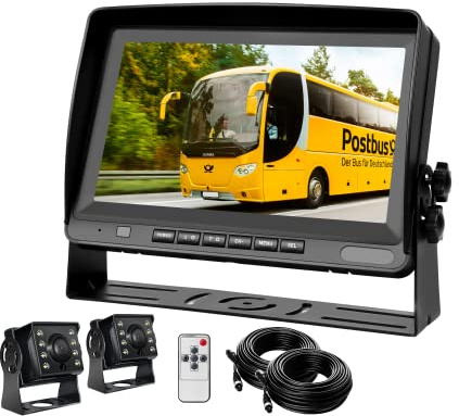 CAMECHO Bakre kameraset, 8-tums LCD-skärm med två AHD 1080P vidvinkel backkameror, IP69-vattentät, 18IR mörkerseende, 2 x 20 m kabel