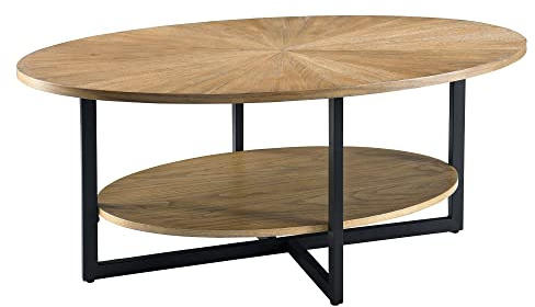 PADMA HOUSE Runder Couchtisch aus massivem Holz, Wohnzimmertisch Sofatisch Metallgestell, 2-stöckiger Kaffeetisch Loungetisch, Einfacher Aufbau für Wohnzimmer Rustikal Natürlich