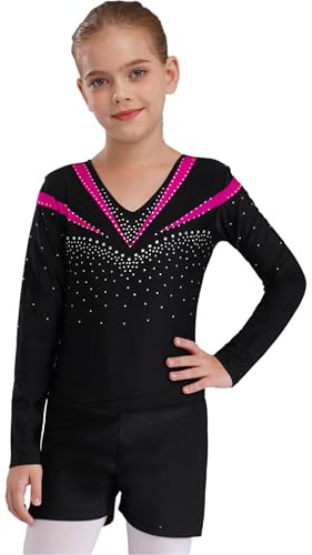 FEESHOW Flickor, barn, gymnastikdräkt, balett, gymnastikbody, gymnastiktröja, gymnastikbyxor, shorts, sport, danskläder, atletisk tävling, träningsoveraller, ROSA, 146-152