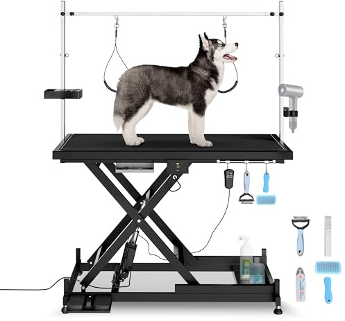 HiPet 50 Electric Dog Grooming Table 9- 37 Height Adjustable Heavy Duty Professional Lift Dog Grooming Table for Large Dogs with 2 Nooses, 4in1 Comb & Nail Care Set, Blow Dryer Clip Black
