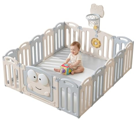 Parque Infantil 185x154cm Corralito para Juegos de Bebe Plegable con Puerta LED y Canasta con 20 Bolas y Paneles de Seguridad HDPE Sin BPA Parque Bebé Interior y Exterior Rana Desarrollo Gateo