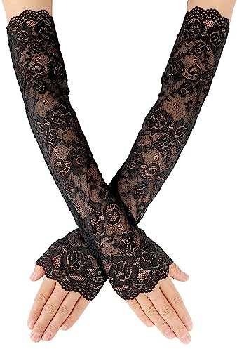 Women's Long Lace Fingerless Gloves Elbow Length Arm Sleeves Gloves Long Lace Floral Glove for Tea Party (Black)
