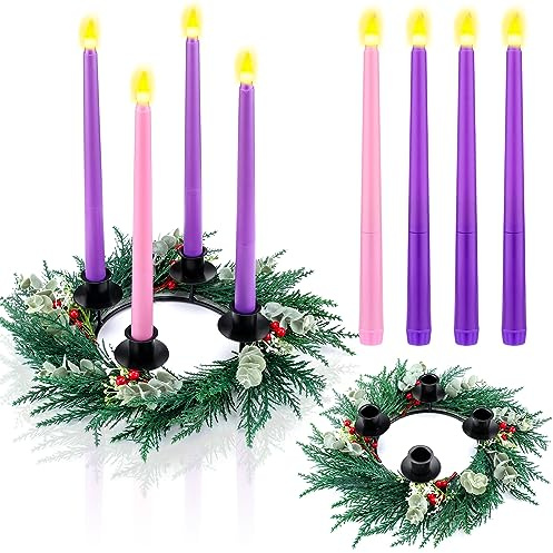 Unittype 5 Pieces Christmas Advent Wreath with Candles Holder Wreath Decor Christmas Advent Candles for Home Fireplace Church Xmas Centerpiece Table Decor(Fancy)