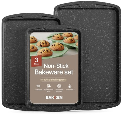 Bakken Swiss Cookie Sheet 3 Piece Set - Non-Stick, Stackable Baking Pans, Gray Marble Deluxe Ceramic Coating – Dishwasher Safe - for Home Baking