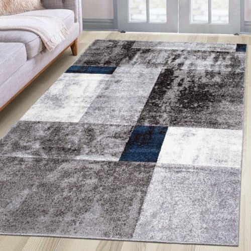 oKu-Tex Kurzflorteppich | Designteppich | Teppich Wohnzimmer | Florhöhe: 9 mm | besonders weicher Flor | geometrisches Muster | modern | meliert grau blau | dichte Qualität | 120 x 170 cm