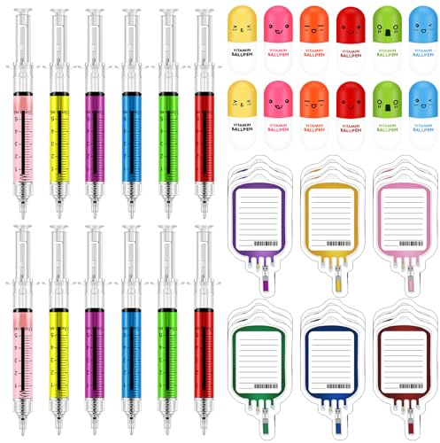 48 Pieces Fun Nurse Pens Set 12 Pcs Syringe Pens 12 Pcs Pill Pens 24 Pcs Blood Bag Sticky Notes Retractable Novelty Ballpoint Pen Cute Ballpoint Pens for Nurses Student School Supplies Doctor Play