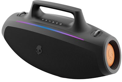 Skullcandy Barrel Wireless Enceinte Boombox Bluetooth Portable, Résistance à l’Eau IPX5, 12 Heures d’Autonomie, Son Stéréo True Wireless avec Jeu de Lumières LED et Sangle de Transport - Noir