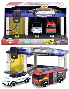 Dickie Toys 203716026018 - Stazione di salvataggio danese con auto della polizia e camion dei pompieri - Stazione di salvataggio con luce, suono, inclusi auto della polizia danese e api antincendio