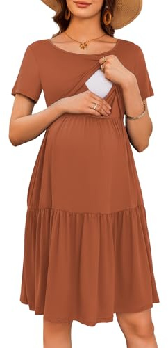 Ekouaer Nursing Dress Summer Short Sleeve Breastfeeding Casual Knee Length Maternity Dresses Caramel L